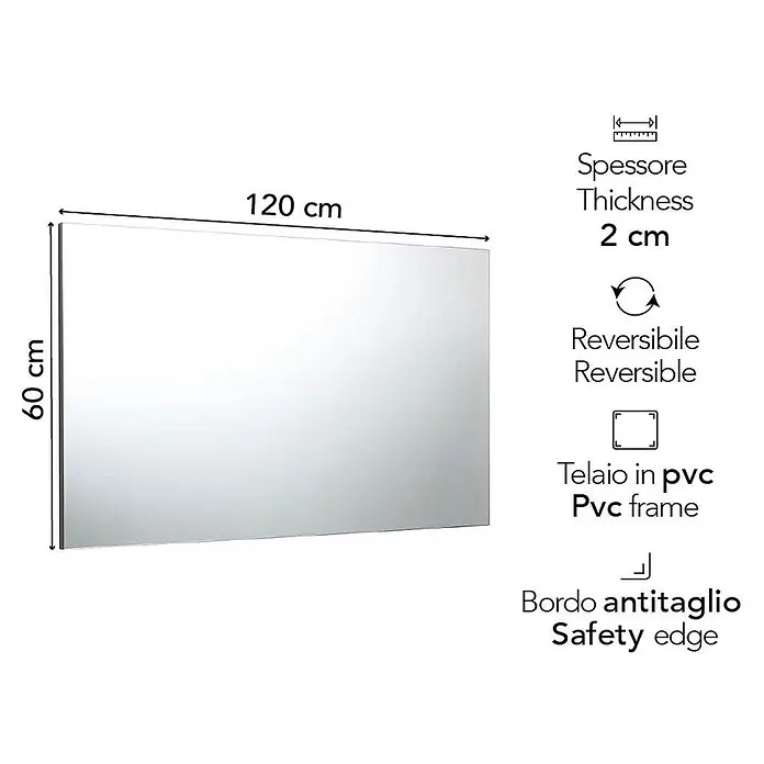 Kiamami Valentina Wandspiegel - 20 x 600 cm, Farblos - Rechteckiger Spiegel, 120x60 cm, mit PVC-Rahmen, 2 cm dick, wendbar und Sicherheitskante.