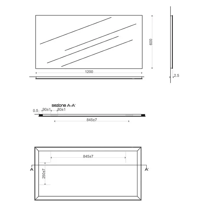 Kiamami Valentina Wandspiegel - 20 x 600 cm, Farblos - Rechteckiger Spiegel, 1200x600mm, 2,5mm dick.