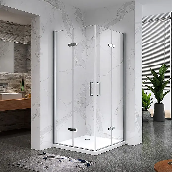 i-flair Eckdusche Matilde 80x90x180 cm - Beschichtet, Silber, Stärke: 6 mm - Moderne Eckduschkabine aus Klarglas mit Chromscharnieren und Griffen und einer weißen Duschwanne.