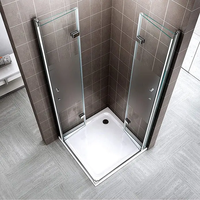 i-flair Eckdusche Matilde 120x90x180 cm - Beschichtet, Silber, Stärke: 6 mm - Moderne Eckduschkabine mit klaren und satinierten Glaspaneelen, Chromakzenten und weißer Duschwanne.