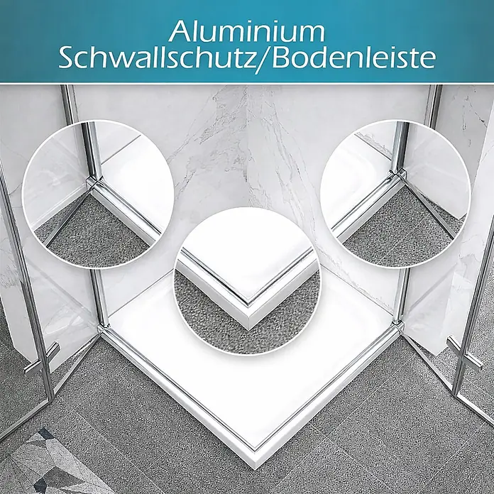 i-flair Eckdusche Matilde 120x90x180 cm - Beschichtet, Silber, Stärke: 6 mm - Silberne Aluminium Schwallschutz/Bodenleiste um eine weiße Duschwanne in einer Eckdusche.