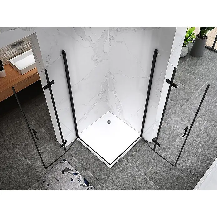 i-flair Eckdusche Matilde 80x90x180 cm - Beschichtet, Schwarz, Stärke: 6 mm - Eckduschkabine mit schwarzen Rahmen, Klarglaswänden und weißer Duschwanne, in einem modernen Badezimmer.