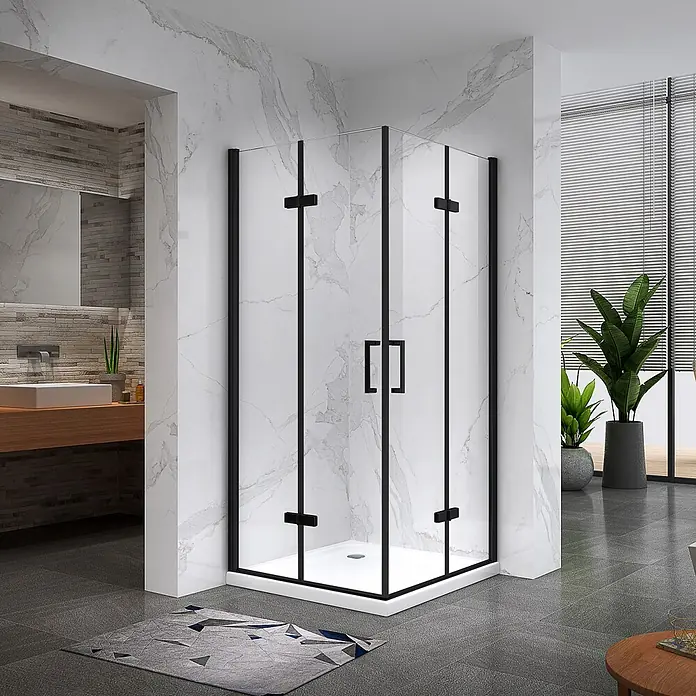 i-flair Eckdusche Matilde 80x90x180 cm - Beschichtet, Schwarz, Stärke: 6 mm - Moderne Eckduschkabine mit schwarzen Rahmen, Klarglas und weißer Duschwanne in einem zeitgenössischen Badezimmer.