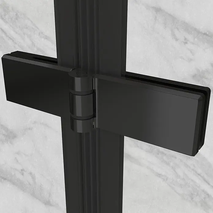 i-flair Eckdusche Matilde 80x90x180 cm - Beschichtet, Schwarz, Stärke: 6 mm - Matt schwarzes Scharnier und Rahmen, die zwei senkrechte Platten verbinden.