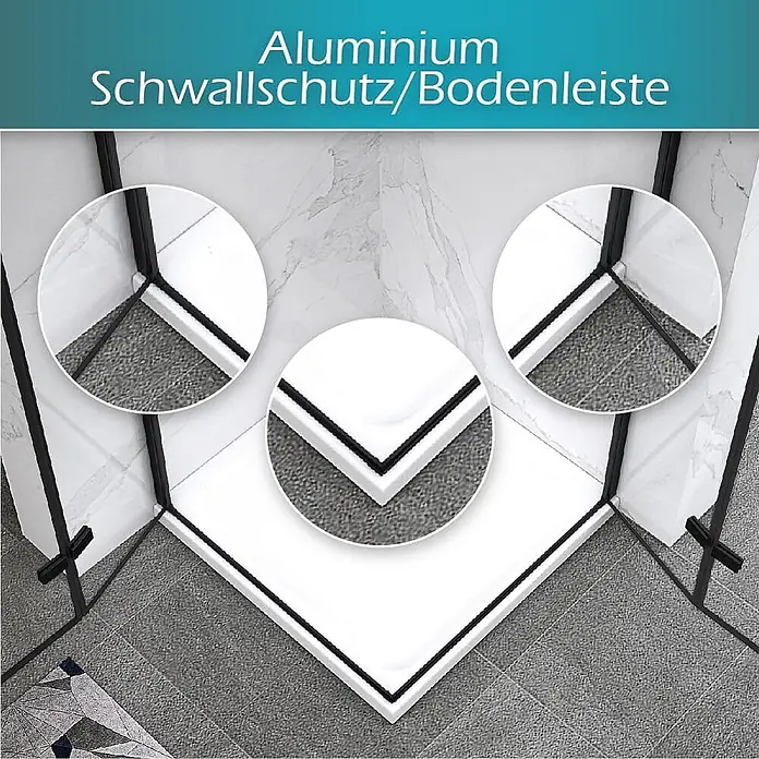 i-flair Eckdusche Matilde 80x90x180 cm - Beschichtet, Schwarz, Stärke: 6 mm - Weiße Aluminium Schwallschutz-/Bodenleiste mit schwarzer Dichtung, in einer Duschecke installiert.