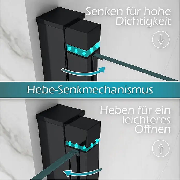 i-flair Eckdusche Matilde 80x90x180 cm - Beschichtet, Schwarz, Stärke: 6 mm - Schwarzes Duschkabinenprofil mit Glas, zeigt einen Hebe-Senkmechanismus für hohe Dichtigkeit und leichtes Öffnen.