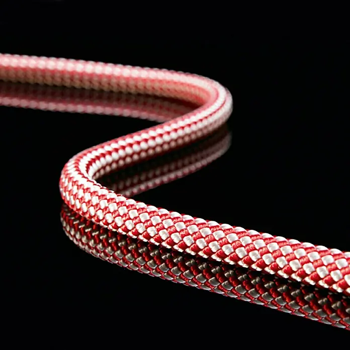 Robline Cuerda multiusos por metros Dinghy Control - Diámetro: 4 mm, Poliéster, Blanco/Rojo - Una cuerda roja y blanca que serpentea sobre una superficie brillante. La cuerda parece robusta y de alta calidad.