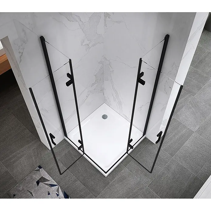 i-flair Eckdusche Matilde 80x90x180 cm - Beschichtet, Schwarz, Stärke: 6 mm - Eckduschkabine mit schwarzen Rahmen, Klarglaspaneelen und weißer Duschwanne.