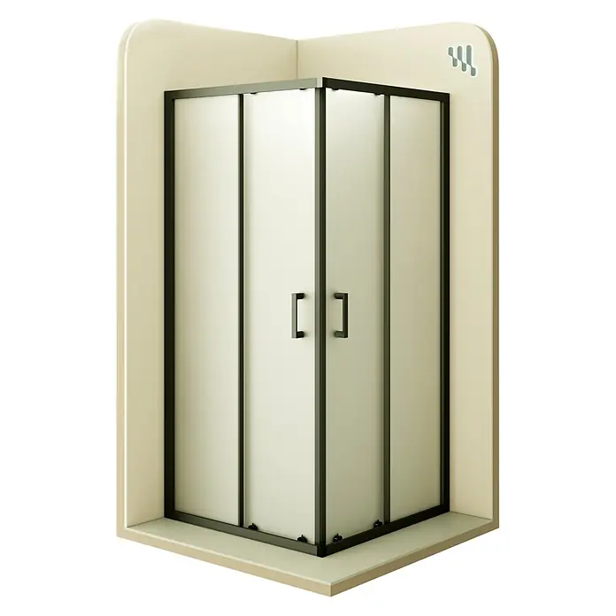 i-flair Eckdusche DK79FR80x90 - Beschichtet, Schwarz, Stärke: 6 mm - Eckduschkabine mit schwarzen Profilen und mattierten Glasschiebetüren mit schwarzen Griffen, auf einer hellen Duschwanne.