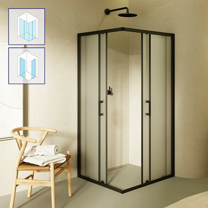 i-flair Eckdusche DK79FR80x90 - Beschichtet, Schwarz, Stärke: 6 mm - Moderne Eckduschkabine mit schwarzen Rahmen und mattierten Glasscheiben in einem hellen Badezimmer.
