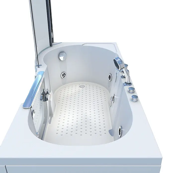 AcquaVapore Badewanne Fertigdusche S12D-EH-WP-R - Acryl, Weiß - Weiße begehbare Badewanne mit rutschfestem Boden, Hydromassagedüsen und Handbrause für barrierefreies Baden.