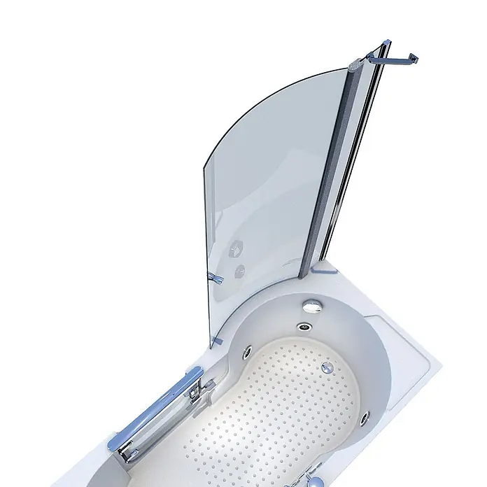 AcquaVapore Badewanne Fertigdusche S12D-EH-WP-R - Acryl, Weiß - Weiße Eckbadewanne mit gebogener Glasduschwand und Antirutschmatte.