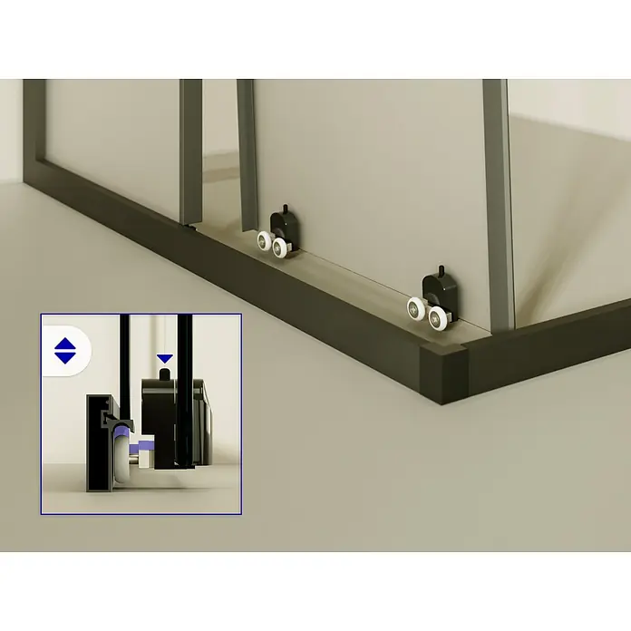 i-flair Eckdusche DK79FR80x90 - Beschichtet, Schwarz, Stärke: 6 mm - Unterer Rollenmechanismus für Duschtüren mit dunklem Rahmen, schwarzem Gehäuse und weißen Rollen, inkl. Einstellmechanismus im Detail.
