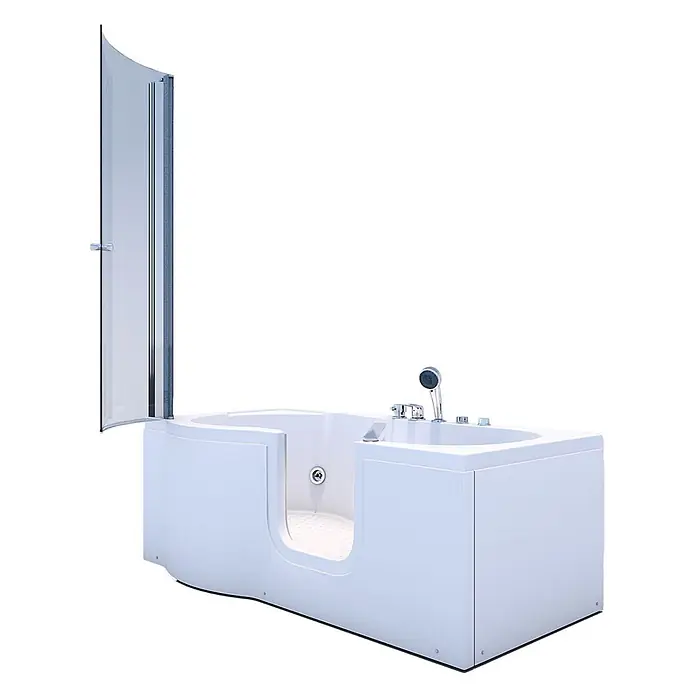 AcquaVapore Badewanne Fertigdusche S12D-EH-WP-R - Acryl, Weiß - Weiße barrierefreie Badewanne mit Einstieg, integriertem Duschschirm und Chromarmaturen.