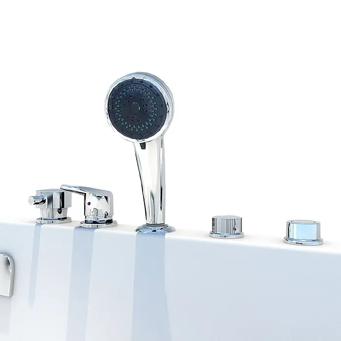 AcquaVapore Badewanne Fertigdusche S12D-EH-WP-R - Acryl, Weiß - Verchromte Badarmatur mit Handbrause, Wasserhahn und mehreren Bedienknöpfen, auf einem weißen Badewannenrand montiert.