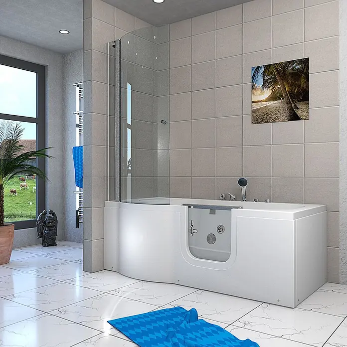 AcquaVapore Badewanne Fertigdusche S12D-EH-WP-R - Acryl, Weiß - Weiße Badewanne mit Einstieg und Glasduschwand in modernem Bad, bietet barrierefreies Baden.