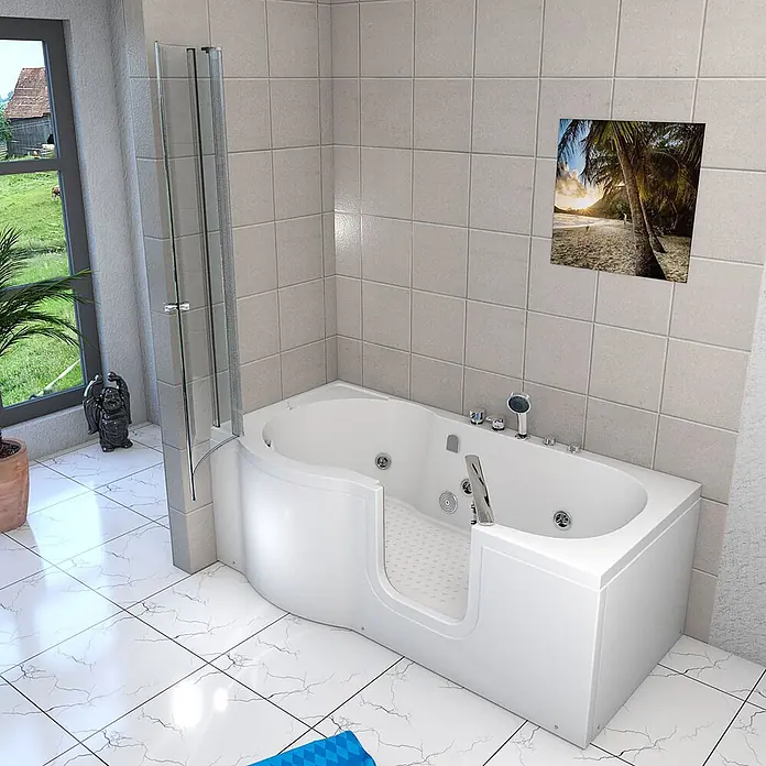 AcquaVapore Badewanne Fertigdusche S12D-EH-WP-R - Acryl, Weiß - Weiße barrierefreie Badewanne mit integriertem Sitz und Duschwand aus Glas, für leichten Zugang im modernen Bad.