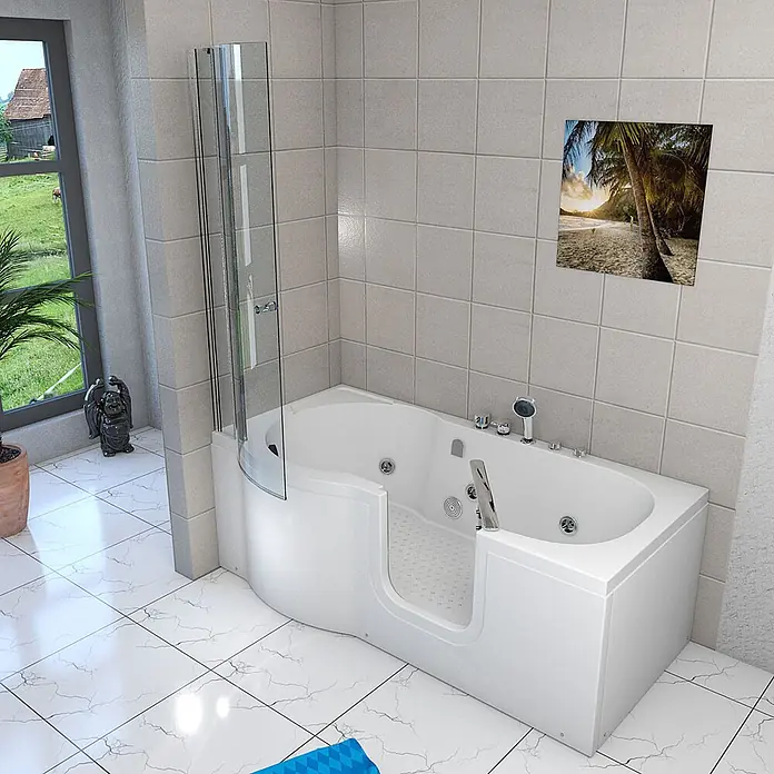 AcquaVapore Badewanne Fertigdusche S12D-EH-WP-R - Acryl, Weiß - Weiße barrierefreie Einstiegswanne mit niedriger Tür, rutschfester Innenfläche und Duschabtrennung aus Glas in einem gefliesten Bad.
