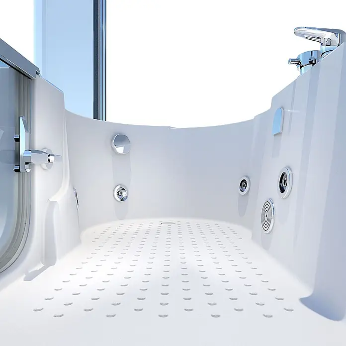 AcquaVapore Badewanne Fertigdusche S12D-EH-WP-R - Acryl, Weiß - Weißes begehbares Wanneninterieur mit rutschfestem Boden, Chromarmatur und Massagedüsen, für leichten Zugang.