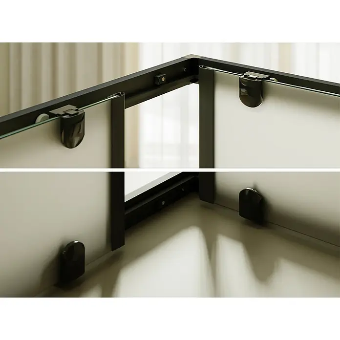 i-flair Eckdusche DK79FR80x90 - Beschichtet, Schwarz, Stärke: 6 mm - Eckteil eines schwarz gerahmten Schiebeglassystems mit klarem Glas und schwarzen/weißen Rollen.