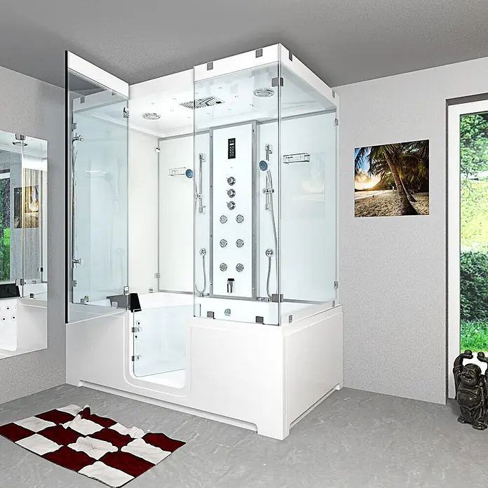 AcquaVapore Komplettdusche Dampfdusche K88-WS-TH-A-EC-SC - Weiß - Moderne begehbare Duschkabine und Badewannenkombination mit Klarglaswänden, weißen Paneelen und mehreren Duschköpfen.