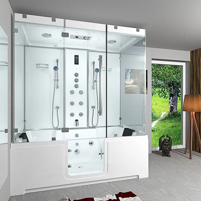AcquaVapore Komplettdusche Dampfdusche K88-WS-TH-A-EC-SC - Weiß - Große weiße begehbare Dusch- und Badewannenkombination mit Glasabtrennung, Hydromassagedüsen und Handbrausen.