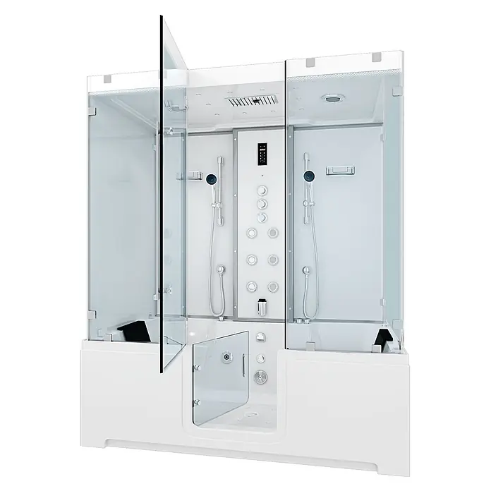 AcquaVapore Komplettdusche Dampfdusche K88-WS-TH-A-EC-SC - Weiß - Weiße moderne Duschkabine mit Glaswänden und begehbarer Badewanne, Steuerung und mehreren Duschköpfen.