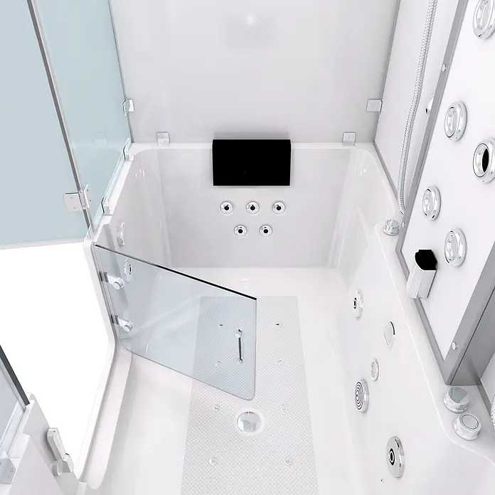 AcquaVapore Komplettdusche Dampfdusche K88-WS-EH-A - Weiß - Weiße begehbare Badewanne mit Dusche, Glastür und integrierten Hydro-Massage-Düsen.