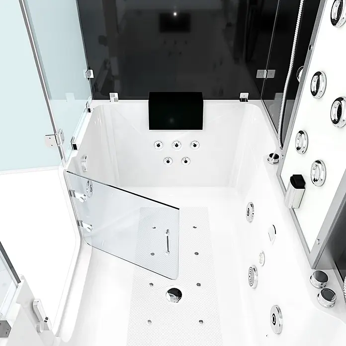 AcquaVapore Komplettdusche Dampfdusche K88-SW-TH-A - Schwarz - Weiße moderne begehbare Badewanne mit Glastür, Hydromassagedüsen und Duschpaneel.