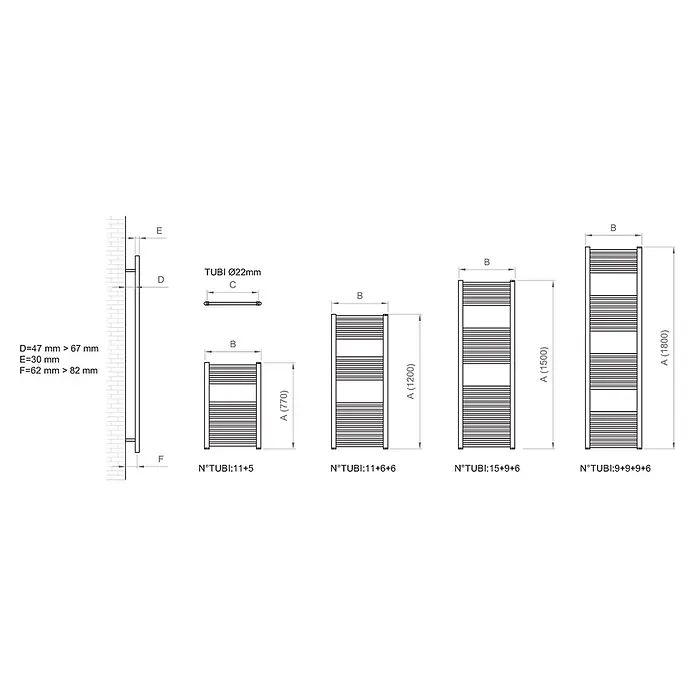 Kiamami Valentina Badheizkörper - B x H: 100 x 770 mm, Schwarz - Technische Zeichnungen eines wandmontierten Handtuchwärmers, mit verschiedenen Höhen, Breiten, Rohrkonfigurationen und Montagemaßen.