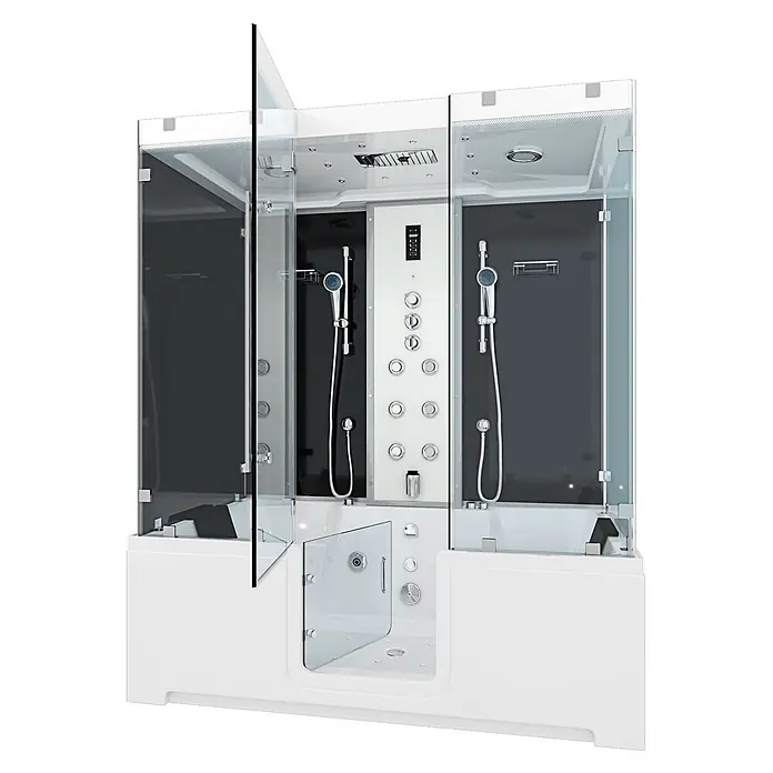 AcquaVapore Komplettdusche Dampfdusche K88-SW-TH-A - Schwarz - Moderne weiß-schwarze Duschkabine mit integrierter Wanne, mehreren Duschfunktionen, Bedienfeld und begehbarem Glaseinstieg.