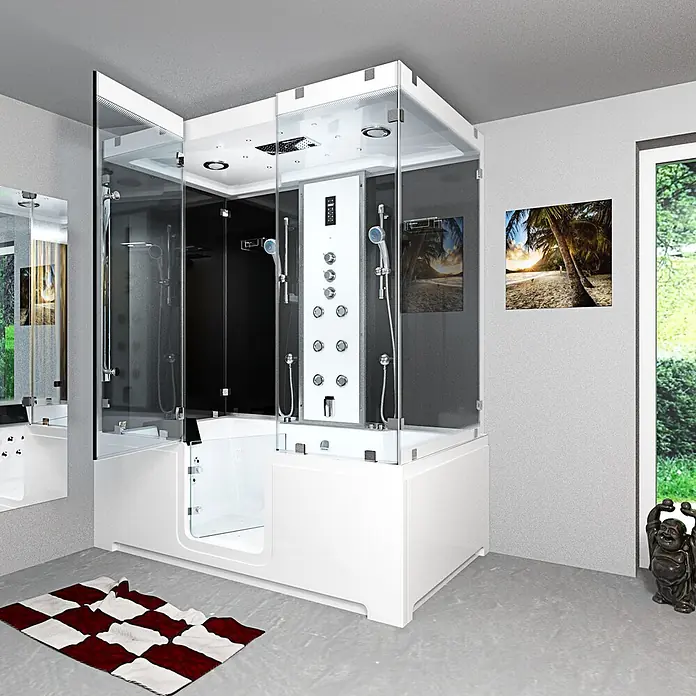 AcquaVapore Komplettdusche Dampfdusche K88-SW-TH-A - Schwarz - Weiße begehbare Badewannen-Duschkombination mit Glasabtrennungen und Massagedüsen, in einem modernen Badezimmer.
