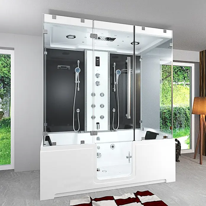 AcquaVapore Komplettdusche Dampfdusche K88-SW-EH-B-EC-SC - Schwarz - Weiße und schwarze multifunktionale Duschkabine mit integrierter begehbarer Badewanne, Doppelduschen, Bedienfeld und Glasverkleidung.