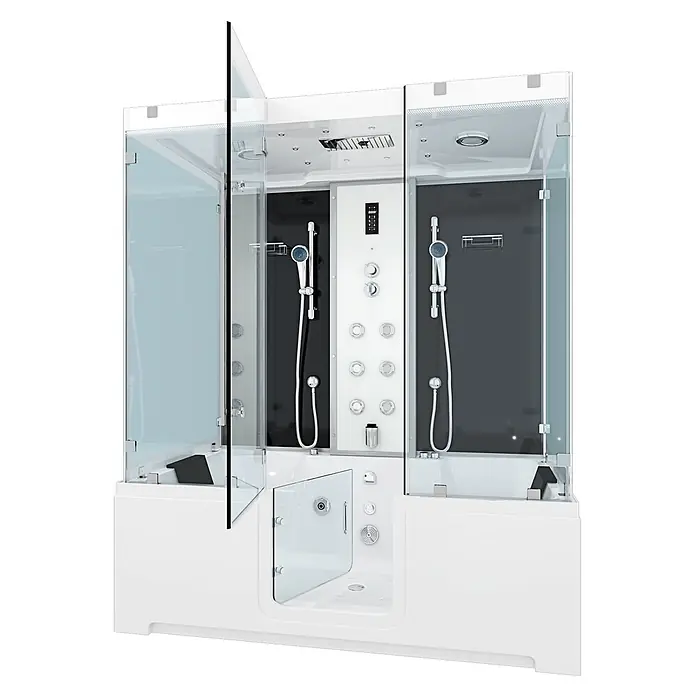 AcquaVapore Komplettdusche Dampfdusche K88-SW-EH-B-EC-SC - Schwarz - Weiße multifunktionale Duschkabine mit Glaspaneelen, begehbarer Badewanne, zwei Duschköpfen, Massagedüsen und zentralem Bedienfeld.