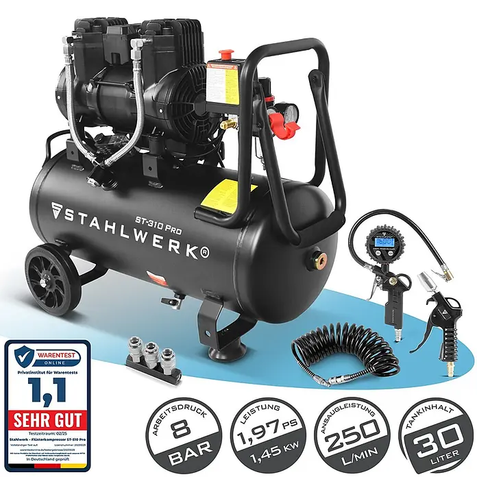 STAHLWERK Kompressor ST-310 Pro Vollausstattung – ölfreier Flüster-Kompressor -  - Schwarzer Stahlwerk ST-310 Pro Kompressor auf Rädern mit Griff und verschiedenen Luftwerkzeugen.