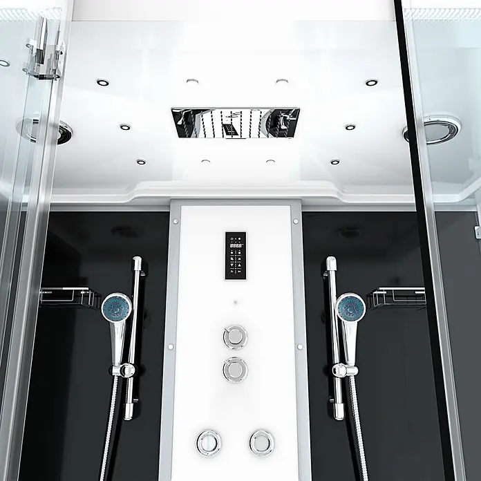 AcquaVapore Komplettdusche Dampfdusche K88-SW-EH-B-EC-SC - Schwarz - Moderne Duschkabine innen mit digitalen Bedienelementen, Chromarmaturen und mehreren Duschköpfen vor schwarzen und weißen Paneelen.