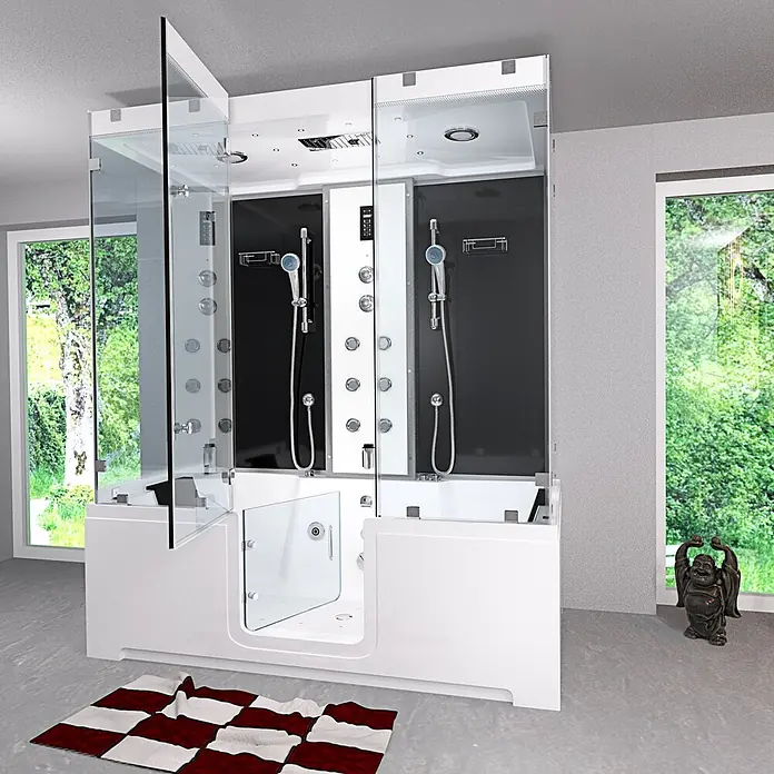 AcquaVapore Komplettdusche Dampfdusche K88-SW-EH-B-EC-SC - Schwarz - Große weiße und schwarze begehbare Dusch- und Wannen-Kombination mit Glastüren und mehreren Duschköpfen.