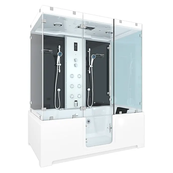 AcquaVapore Komplettdusche Dampfdusche K88-SW-EH-B-EC-SC - Schwarz - Weiße Duschkabine mit integrierter Badewanne, begehbarem Einstieg, Glaspaneelen, mehreren Duschköpfen und Bedienfeld.