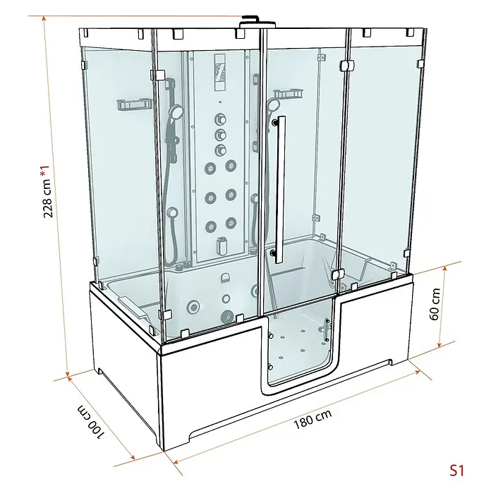 AcquaVapore Komplettdusche Dampfdusche K88-WS-EH-C - Weiß - Weiße Dusch-Badewannen-Kombination mit transparenten Glaswänden, mehreren Massagedüsen und einer Drehtür.