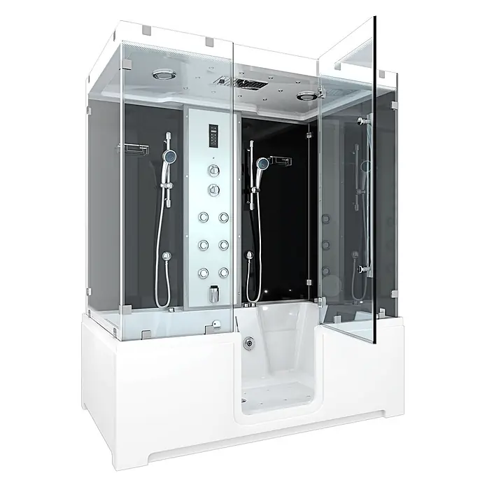 AcquaVapore Komplettdusche Dampfdusche K88-SW-EH-C - Schwarz - Moderne weiße Duschkabine mit klaren Glaspaneelen, begehbarer Badewanne und mehreren Duschköpfen.