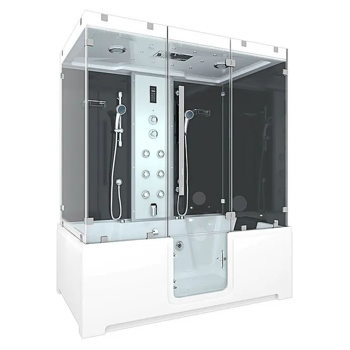 AcquaVapore Komplettdusche Dampfdusche K88-SW-EH-C - Schwarz - Weiße und graue begehbare Duschkabine mit integrierter Badewanne, Glasumhausung und Hydromassage-Panel.