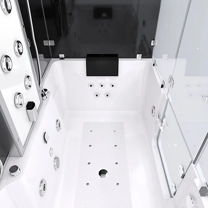 AcquaVapore Komplettdusche Dampfdusche K88-SW-TH-C-EC-SC - Schwarz - Weiße moderne Jacuzzi-Badewanne mit Chromdüsen, Brauseschlauch und Bedienfeld in einer Glasduschkabine.