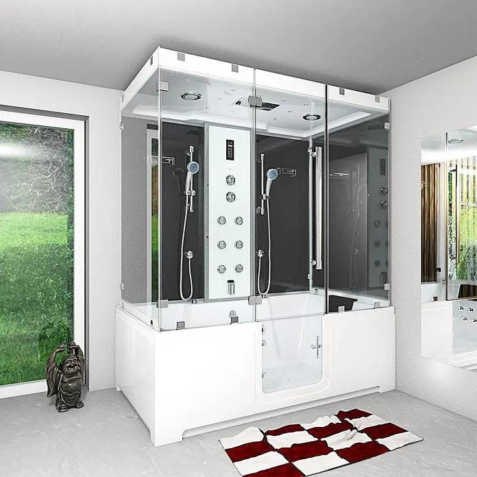 AcquaVapore Komplettdusche Dampfdusche K88-SW-EH-C - Schwarz - Moderne weiße Dusch-Badewannen-Kombination aus Glas mit Jets und Bedienfeld, inklusive begehbarer Wanne.