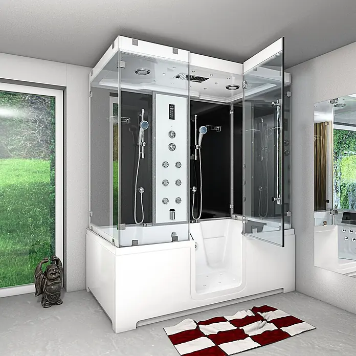AcquaVapore Komplettdusche Dampfdusche K88-SW-EH-C - Schwarz - Weiße Glas-Duschkabine mit integrierter Badewanne, Hydromassage-Paneel und Handbrausen, barrierefrei begehbar.