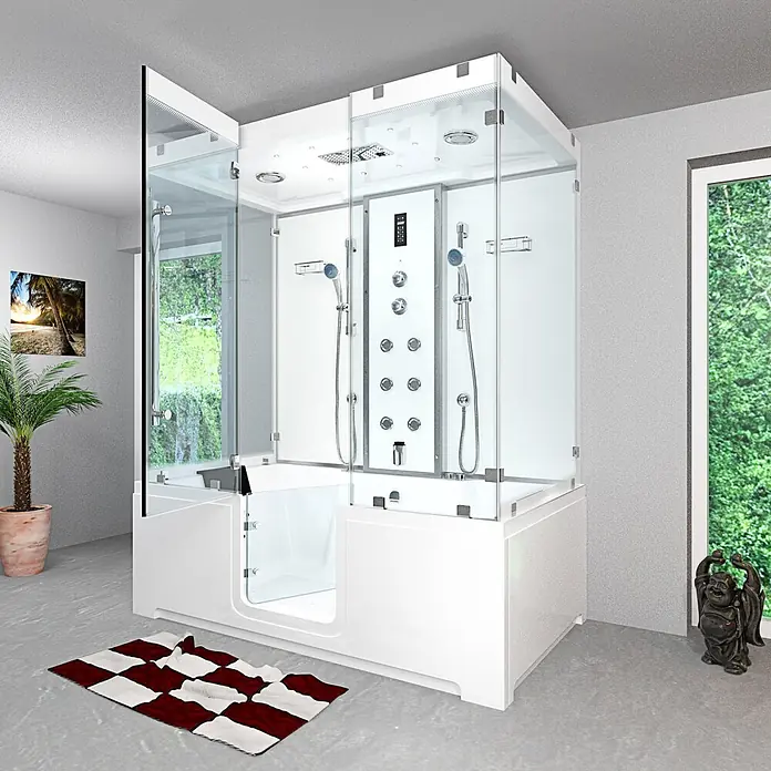 AcquaVapore Komplettdusche Dampfdusche K88-WS-EH-B-EC - Weiß - Weiße begehbare Badewannen- und Duschkombination mit Glasabtrennung und mehreren Duschfunktionen.