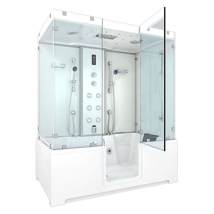 AcquaVapore Komplettdusche Dampfdusche K88-WS-EH-C - Weiß - Weiße multifunktionale Duschkabine mit klarem Glas, integrierten Bedienelementen, mehreren Duschköpfen und begehbarer Badewanne.