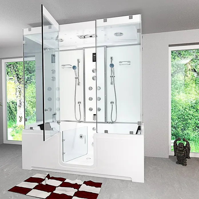 AcquaVapore Komplettdusche Dampfdusche K88-WS-EH-B-EC - Weiß - Weiße multifunktionale Duschkabine mit klaren Glaspaneelen und integrierter begehbarer Badewanne für umfassendes Baden.