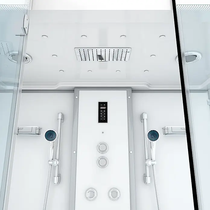 AcquaVapore Komplettdusche Dampfdusche K88-WS-EH-A - Weiß - Moderne weiße Duschkabine innen mit großer Regendusche, digitalem Bedienfeld, zwei Handbrausen und Massagedüsen.