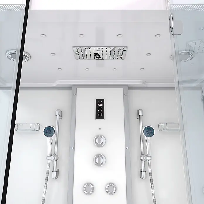 AcquaVapore Komplettdusche Dampfdusche K88-WS-EH-C - Weiß - Moderne weiße Duschkabine mit Chrom-Handbrausen, digitalem Bedienfeld, Kopfbrause und Deckenleuchten.