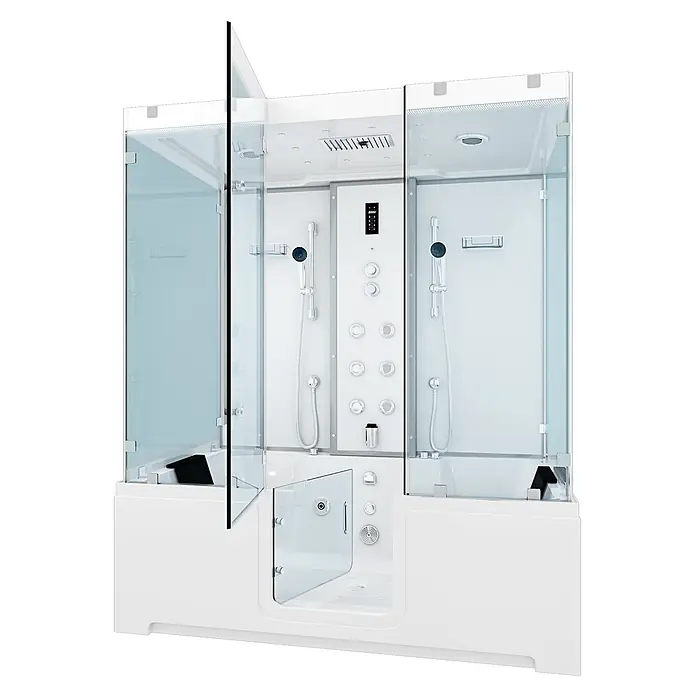 AcquaVapore Komplettdusche Dampfdusche K88-WS-EH-B-EC - Weiß - Moderne weiße Duschkabine mit Klarglaswänden, mehreren Duschköpfen und einer begehbaren Badewanne mit offener Tür.